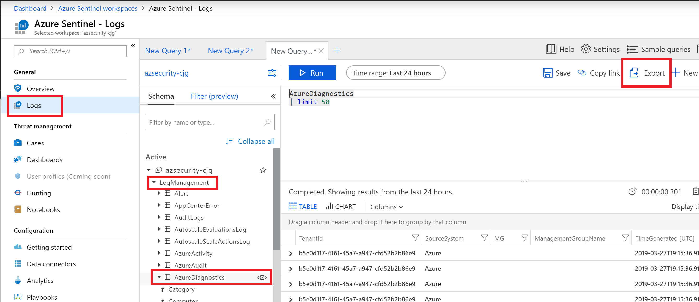 The Azure Sentinel Logs screen is displayed. The logs item is selected in the left menu. LogManagement and AzureDiagnostics are selected from the active schema list. The Azure Diagnostics item has an eye icon. A new query tab is shown with the Export item highlighted.