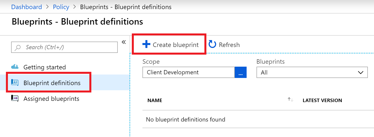 The Blueprint definitions screen is displayed with the Blueprint definitions item selected from the left menu. The + Create blueprint menu item is selected.