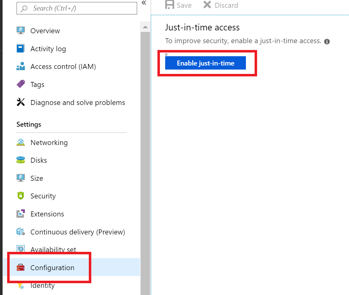 Configuration and Enable JIT Access is highlighted in the Azure portal.