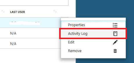 Activity Log is highlighted in the shortcut menu for the last user.