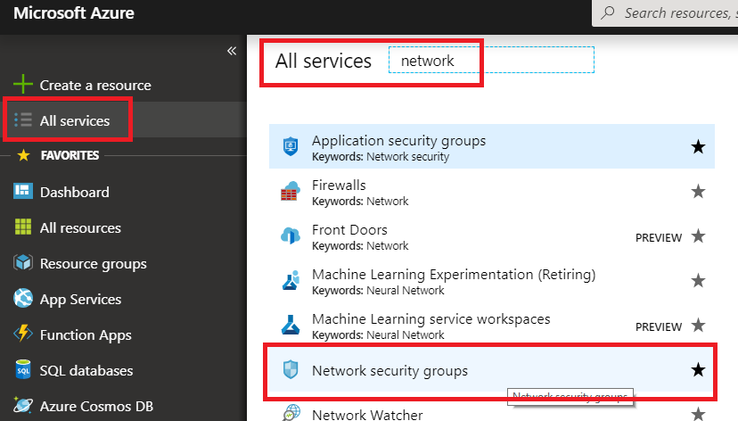 All services is highlighted in the left menu of the Azure portal, and the Network security groups is highlighted in the filtered list to the right.