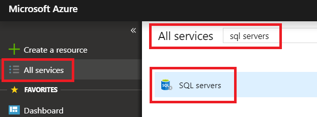 All services is highlighted on the left side of the Azure portal, and SQL servers is highlighted to the right.