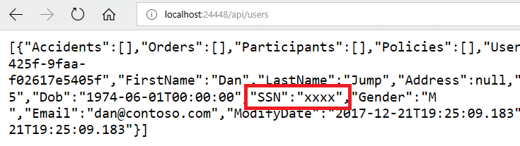 The masked SSN column is highlighted in the InsuranceAPI response.