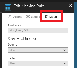 The Delete icon is highlighted under Edit Masking Rule in the Azure portal.