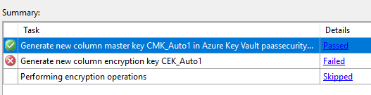 Generate new column master key CMK_Auto1 in Azure Key Vault is highlighted with a green check mark at the top of the Task Summary list.