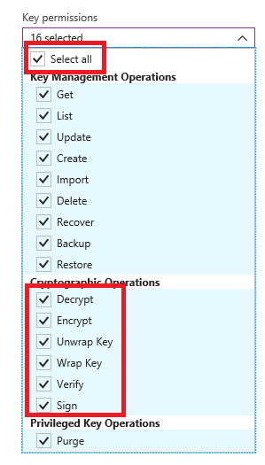 Select all is selected and highlighted under Key permissions, and below that, Decrypt, Encrypt, Unwrap Key, Wrap Key, Verify, and Sign are selected and highlighted under Cryptographic Operations amid the other selected options.