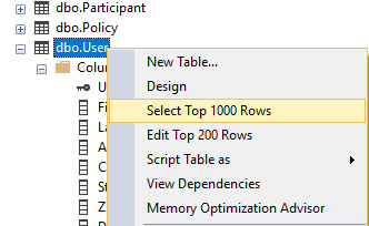 The User table is selected, and Select Top 1000 Rows is selected in the shortcut menu.