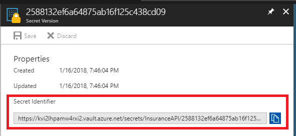 The Secret Identifier URL is highlighted under Properties.