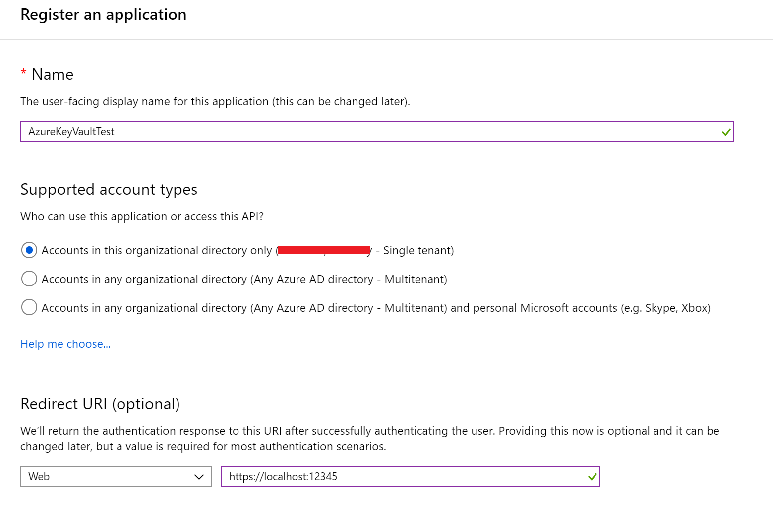 AzureKeyVaultTest is entered in the Name box, and http://localhost:12345 is entered in the Sign-on URL box under Create.