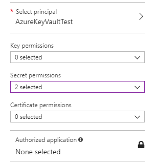 The AzureKeyVaultTest principal is selected and the secret permissions drop down list states there are two selected values.
