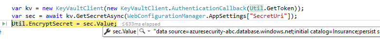 The connection string to the Azure Database is visible through the Visual Studio debugger.
