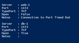 The information above for port 1433 (SQL) is visible after running the script and pressing F5.