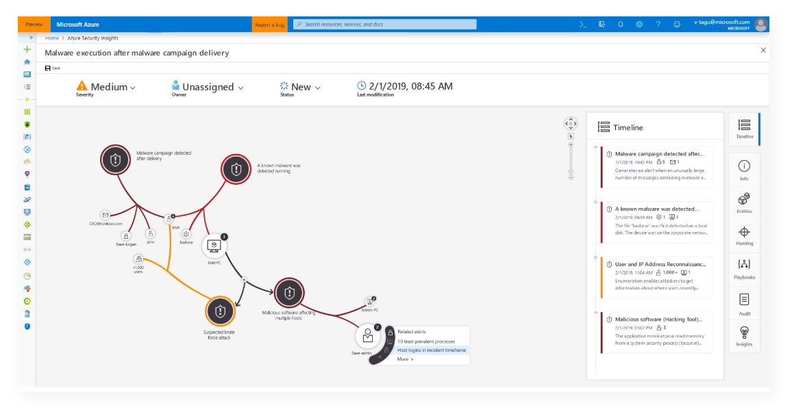 The Azure Security Insights screen is displayed detailing the lifetime of an alert instance.