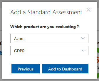 Add a Standard Assessment dialog with Azure and GDPR selected.