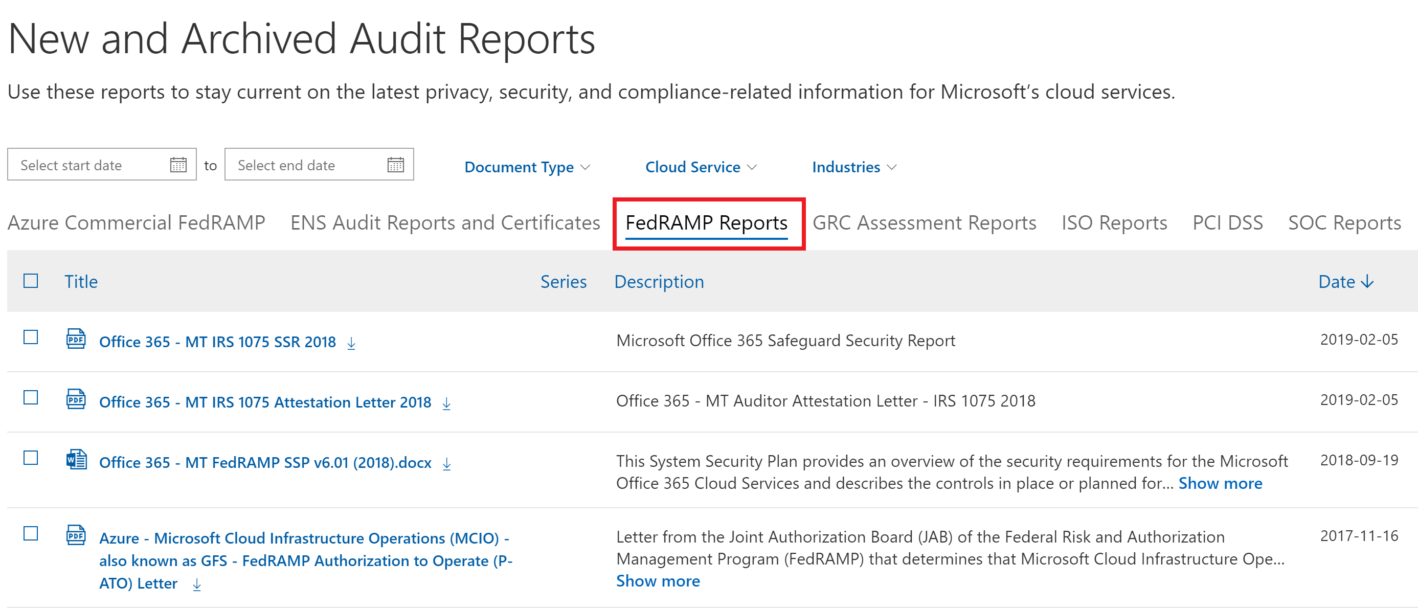 The FedRAMP Reports report type is highlighted on the Data Protection Standards and Regulatory Compliance Reports page, and Azure - FedRAMP Moderate System Security Plan v3.02 is highlighted at the bottom.