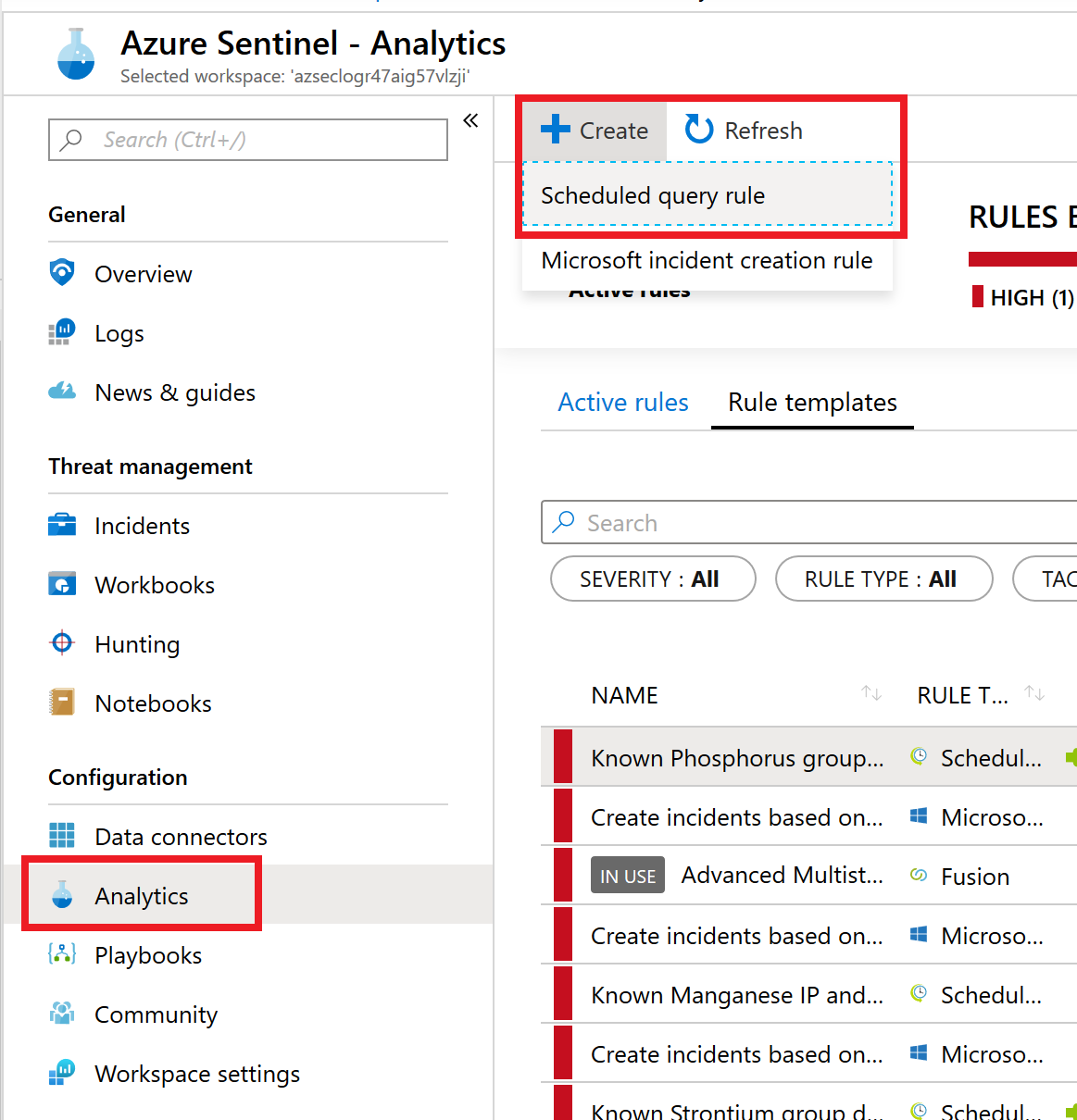 In the left menu beneath Configuration the Analytics item is selected. To the right, the + Create button is expanded and the Scheduled query rule item is selected.
