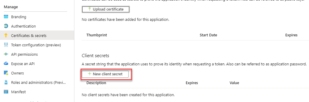 In the Certificates and secrets window, the New client secret button is selected.