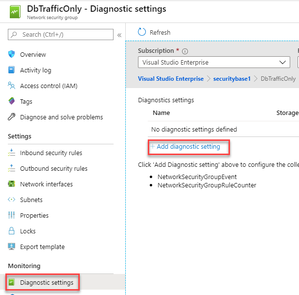 Diagnostics settings is selected under Monitoring on the left side, and Add diagnostics settings is selected on the right.