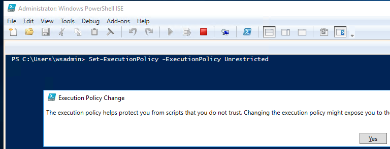 The PowerShell ISE window displays the execution policy change command.