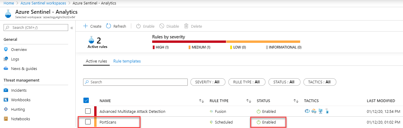 In the Azure Sentinel Analytics screen beneath the Active Rules tab, the PortScans rule is highlighted in the table and its status shows it is Enabled.