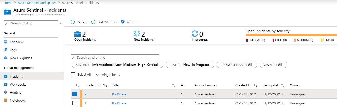 In the Azure Sentinel Incidents window, the most recent PortScans security alert is selected from the table.