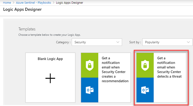 The Logic Apps Designer screen is displayed with a list of templates. The Get a notification email when Security Center detects a threat template is selected.
