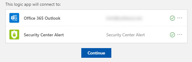 The Logic app connection blade is displayed. Outlook and Azure Security Center validation are displayed.