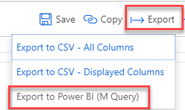 The Export item is expanded with the Export to PowerBI (M Query) item highlighted.
