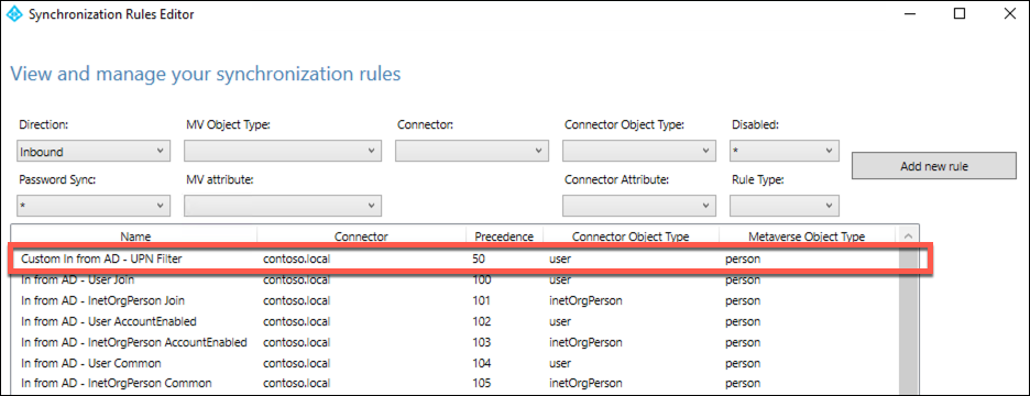 The synchronization rules editor with the newly created Custom in from AD - UPN Filter rule is highlighted.