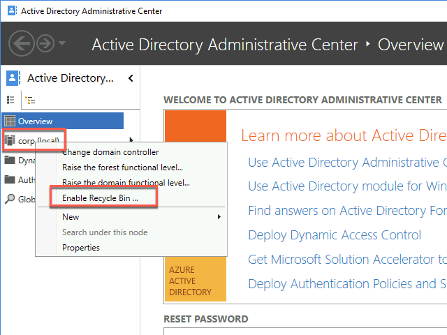 The Active Directory Administrative Center console is depicted with ‘corp (local)’ right-clicked and the Enable Recycle Bin option selected.
