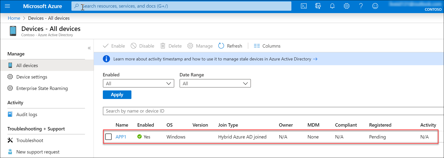 In this screenshot, the ‘Devices - All devices’ blade of the Azure portal is depicted with an entry representing the APP1 server with the ‘Join Type’ set to ‘Hybrid Azure AD joined’
