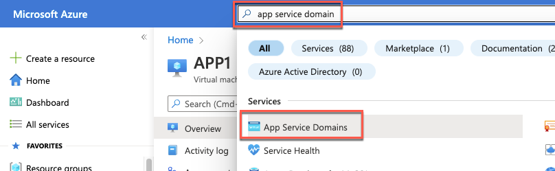 Screenshot depicts the Azure portal with App Service Domains searched for and selected at the top of the search bar.
