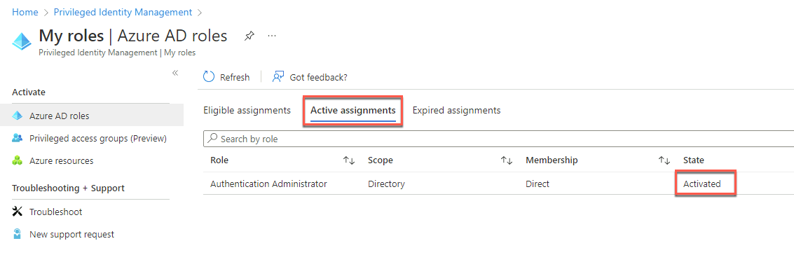In this screenshot, the ‘My roles - Azure AD roles’ blade of the Azure portal is depicted with the ‘Active assignments’ tab selected and the Activated state of the role assignment highlighted.