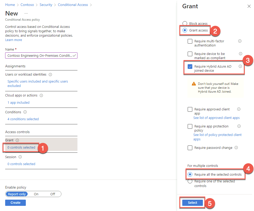 In this screenshot, the New blade of the Azure portal is depicted with the ‘0 controls selected’ button selected and the Grant blade open with the required options chosen along with the Select button.