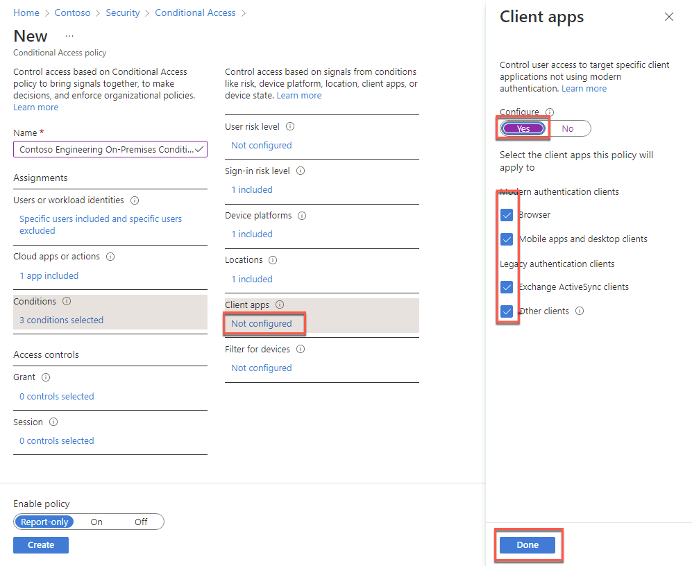 In this screenshot, ‘Not configured’ under ‘Client apps’ is selected, and the ‘Client apps’ blade is open on the right with Configure set to Yes and the options listed above selected.