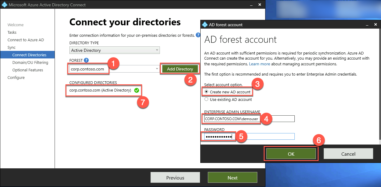 The Connect your directories page of the Microsoft Azure AD Connect wizard is depicted with corp.contoso.com having been added.