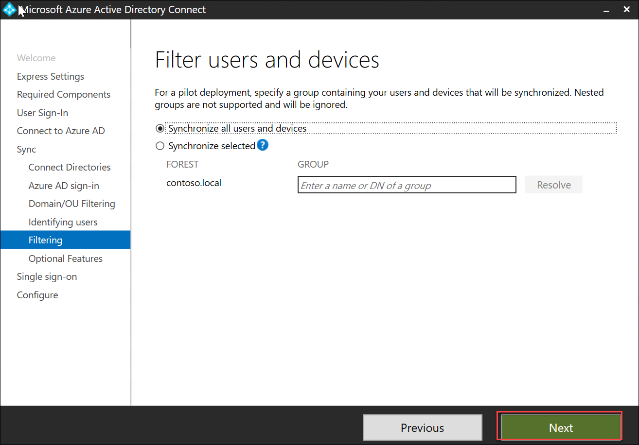 In this screenshot, the default settings are displayed on the Filter users and devices page of the Microsoft Azure AD Connect wizard. The Next button is then selected.