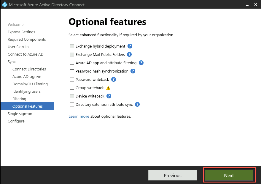 In this screenshot, the default settings are displayed on the Optional features page of the Microsoft Azure AD Connect wizard. The Next button is then selected.