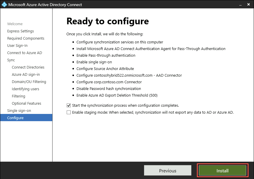 On the Enable single sign-on page of the Microsoft Azure AD Connect wizard, the Start the synchronization process when configuration completes is deselected, and the Install button is selected.