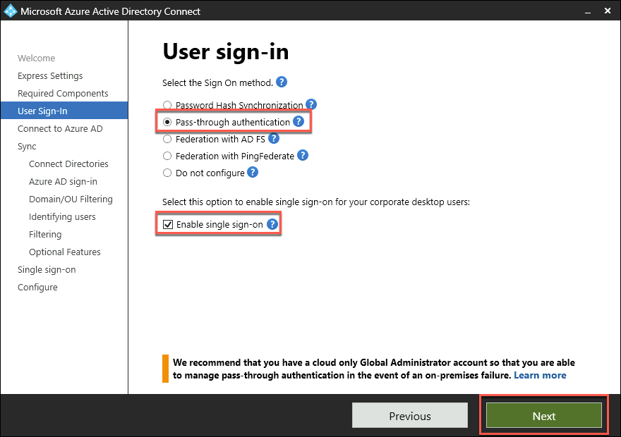 The user sign-in page of the Microsoft Azure AD Connect wizard is depicted with the Pass-through authentication option and the Enable single sign-on checkboxes selected.