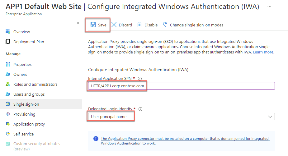 The ‘APP1 Default Web Site - Configure Integrated Windows Authentication (IWA)’ blade is depicted with the settings listed above specified and the ‘Save’ button selected.