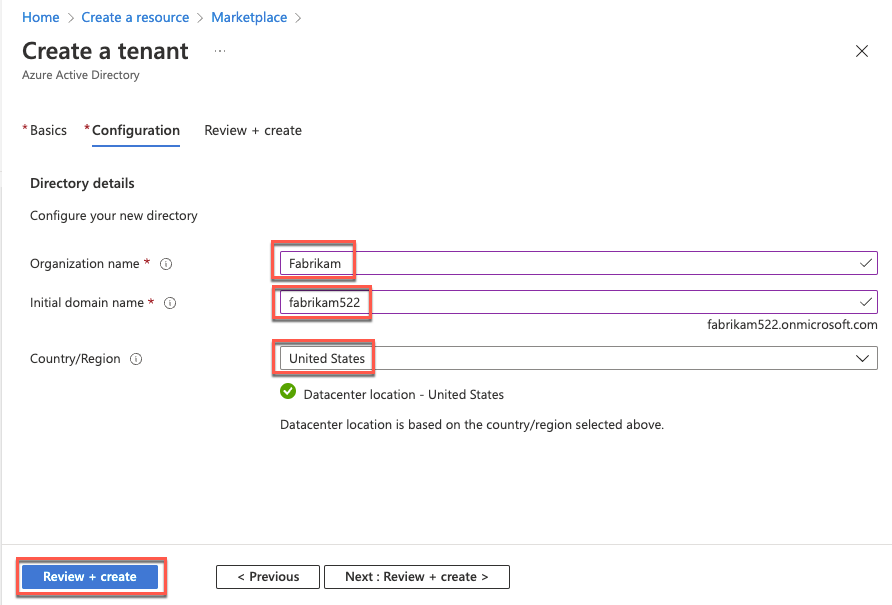 The ‘Create tenant’ blade of the Azure portal is depicted with the required settings listed above and the Create button selected.
