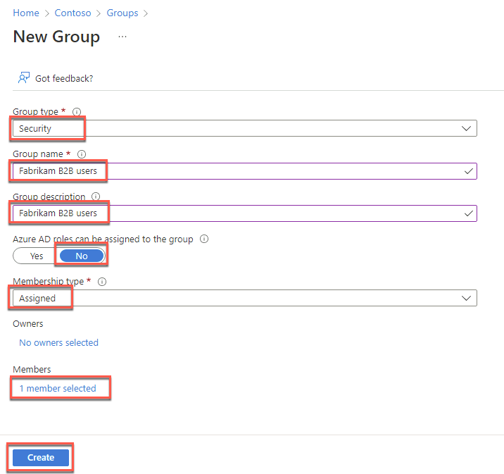 The ‘New group’ blade is depicted with the required settings listed above selected along with the Create button.