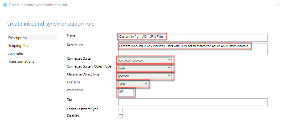 The description page of the Create inbound synchronization rule wizard is depicted with the required configuration settings and the Next button selected.