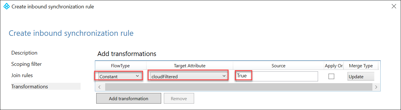 In this screenshot, the Transformations page of the Create inbound synchronization rule wizard is depicted with the required configuration settings selected.