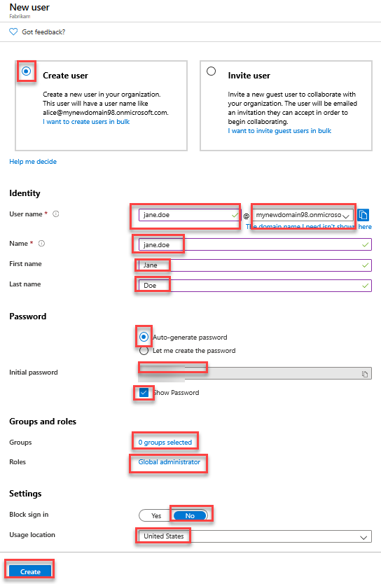 Image showing the ‘New user’ blade of the Azure portal is depicted with the ‘Create user’ option selected along with the required settings listed above and the Create button.