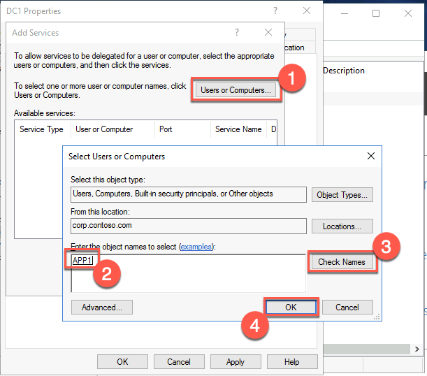 This image shows the select users or computers dialog with the steps highlighted to add app1 and validate the name.