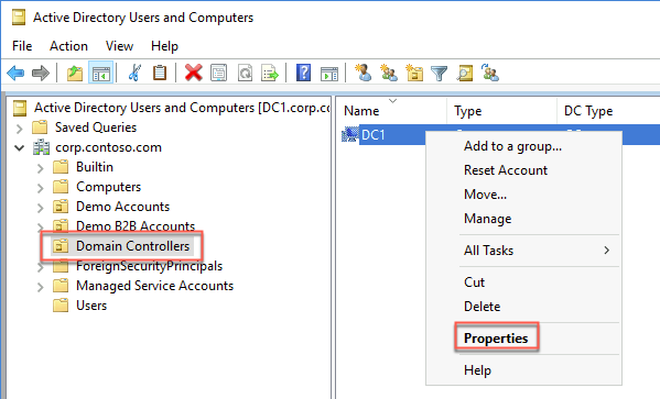 In this screenshot, the ‘Active Directory Users and Computers’ console is depicted with the Domain Controllers node selected on the left and the DC1 computer account right-clicked with the Properties menu option selected.