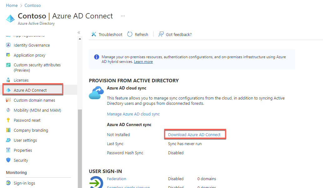 In this screenshot, the Azure AD Connect blade is depicted with the Download Azure AD Connect link selected.