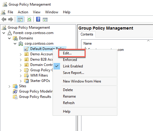 In this screenshot, the Group Policy Management console window is depicted with ‘Forest: corp.contoso.com’ > ‘Domains’ > ‘corp.contoso.com’ expanded on the left navigation and ‘Default Domain Policy’ right-clicked with the Edit option selected.